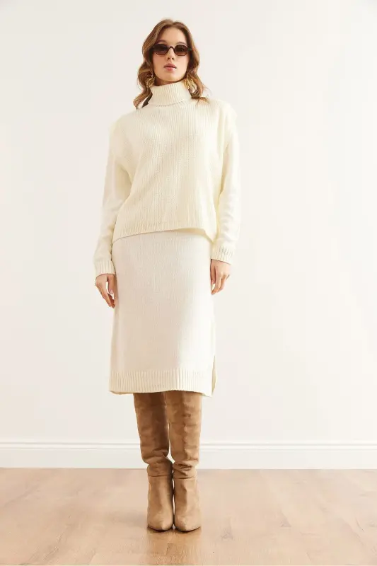 Women's Ecru Dress Fisherman's Sweater Knitted Suit TKM-19 - 4