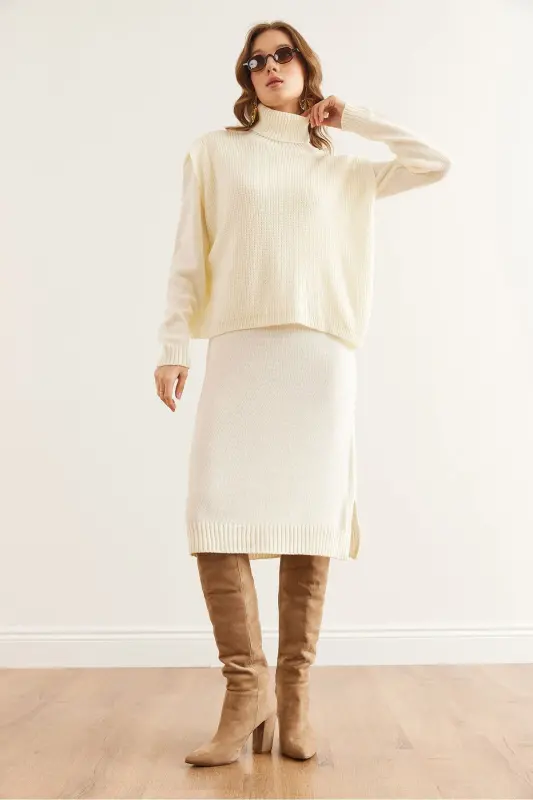 Women's Ecru Dress Fisherman's Sweater Knitted Suit TKM-19 - 5