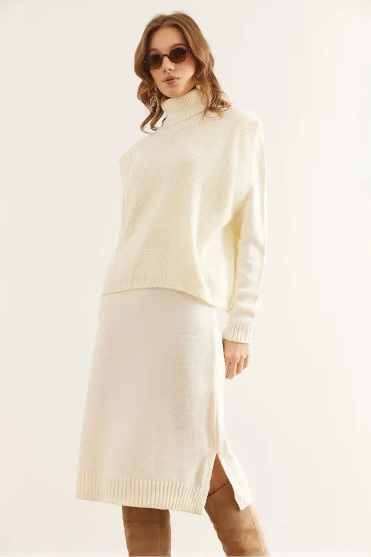 Women's Ecru Dress Fisherman's Sweater Knitted Suit TKM-19 - 6