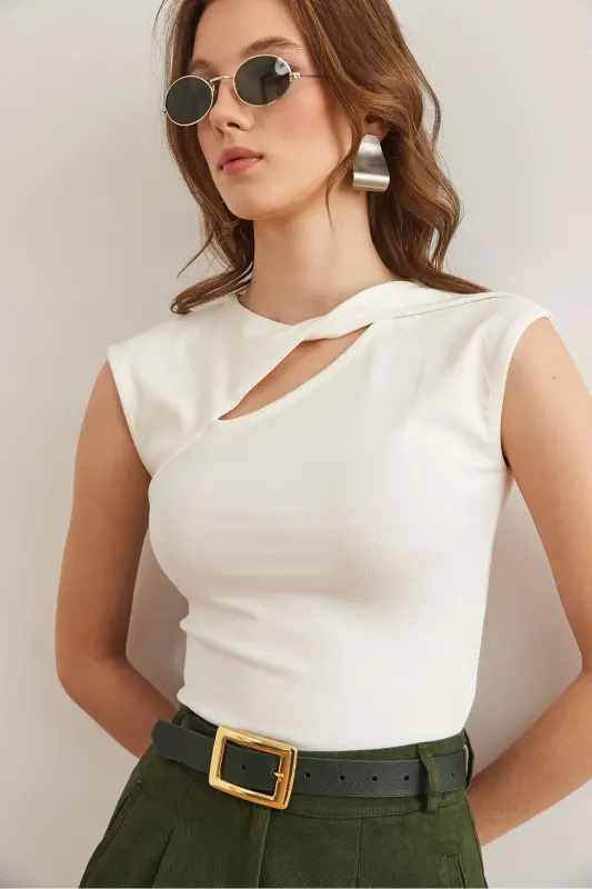 Women's Ecru Drop Neckline Shoulder Detailed Cotton Fashion - 6
