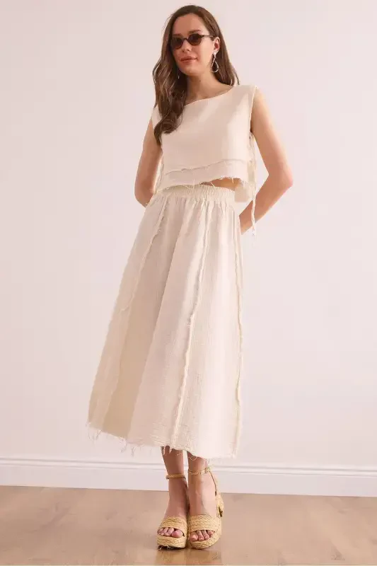 Women's Ecru Elastic Waist Raw Seam Muslin Skirt ETK - OLALOOK