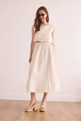 Women's Ecru Elastic Waist Raw Seam Muslin Skirt ETK - OLALOOK (1)