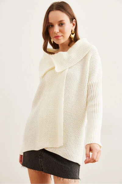 Women's Ecru Envelope Collar Buttoned Tricot Cardigan - 3