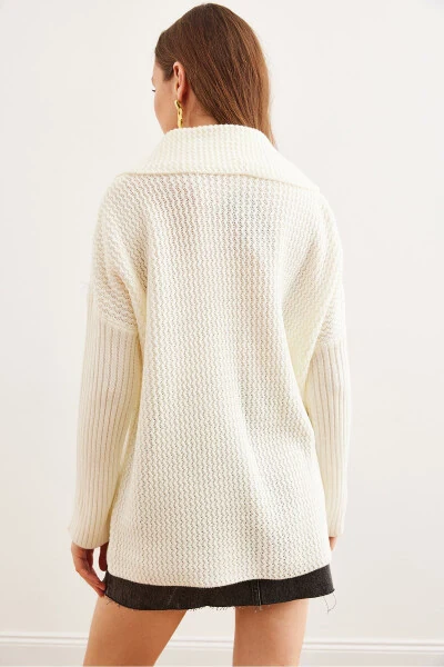 Women's Ecru Envelope Collar Buttoned Tricot Cardigan - 6