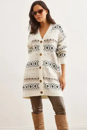 Women's Ecru Ethnic Patterned Oversize Knit Cardigan HRK-19000300-Ecru - 1