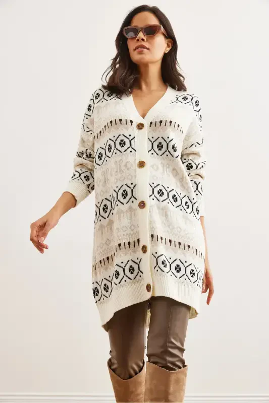 Women's Ecru Ethnic Patterned Oversize Knit Cardigan HRK-19000300-Ecru - 2