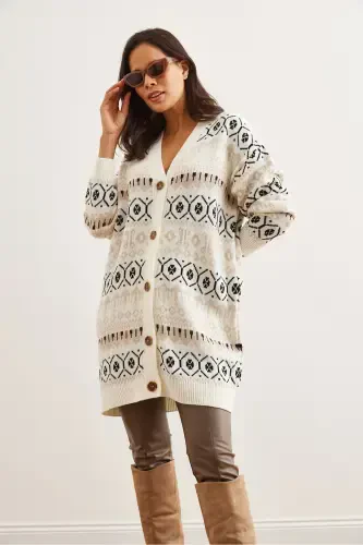Women's Ecru Ethnic Patterned Oversize Knit Cardigan HRK-19000300-Ecru - 3