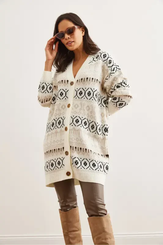 Women's Ecru Ethnic Patterned Oversize Knit Cardigan HRK-19000300-Ecru - 3