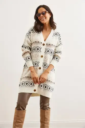 Women's Ecru Ethnic Patterned Oversize Knit Cardigan HRK-19000300-Ecru - 4