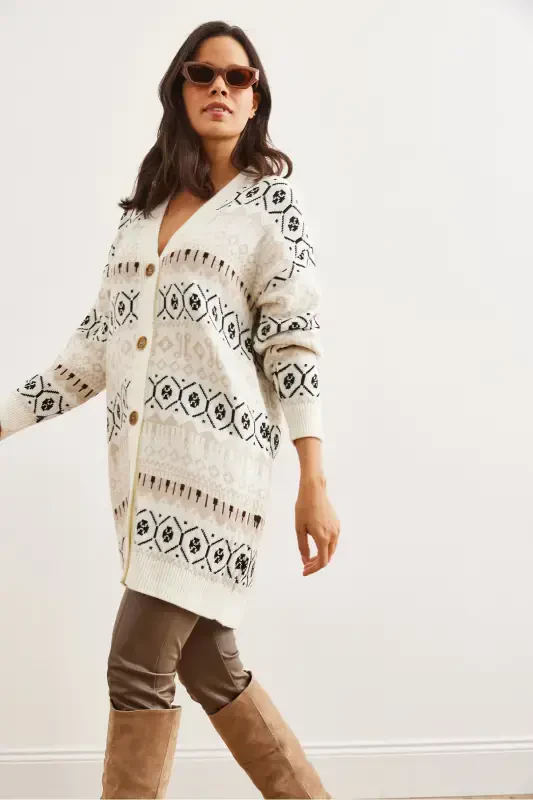 Women's Ecru Ethnic Patterned Oversize Knit Cardigan HRK-19000300-Ecru - 5