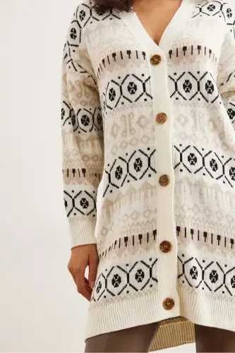 Women's Ecru Ethnic Patterned Oversize Knit Cardigan HRK-19000300-Ecru - 6