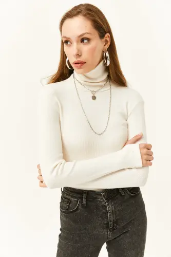 Women's Ecru Fisherman Collar Finger Detailed Lycra Blouse BLZ-19001644-Ecru - 4
