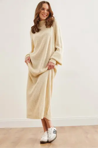 Women's Ecru Fisherman's Collar Maxi Knitted Dress ELB-1900 - 1