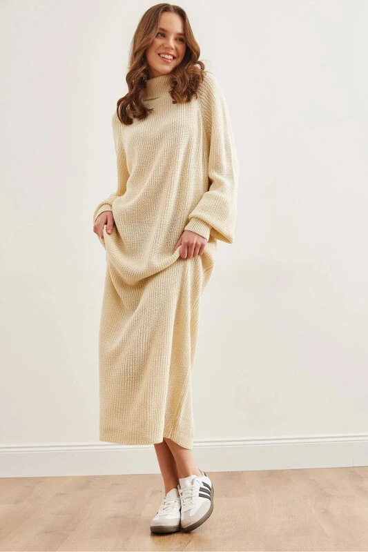 Women's Ecru Fisherman's Collar Maxi Knitted Dress ELB-1900 - OLALOOK