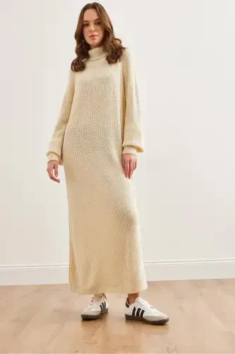 Women's Ecru Fisherman's Collar Maxi Knitted Dress ELB-1900 - OLALOOK (1)