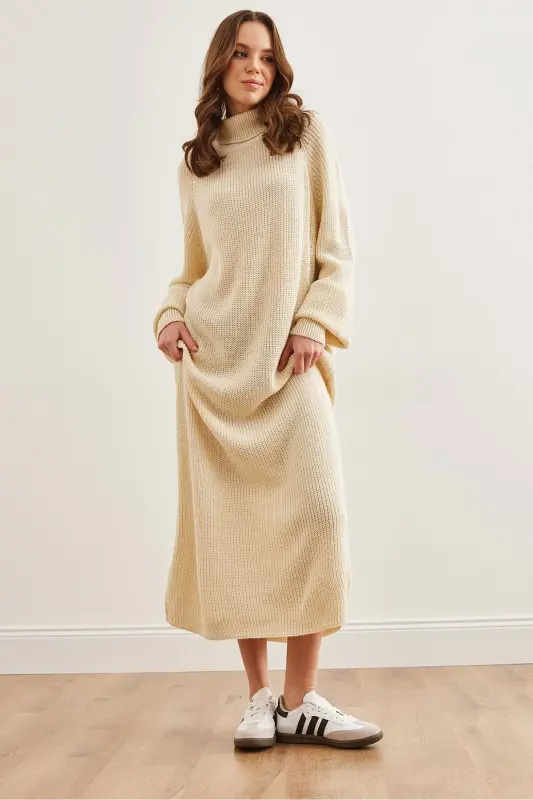 Women's Ecru Fisherman's Collar Maxi Knitted Dress ELB-1900 - 3