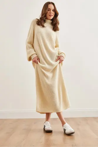 Women's Ecru Fisherman's Collar Maxi Knitted Dress ELB-1900 - 4