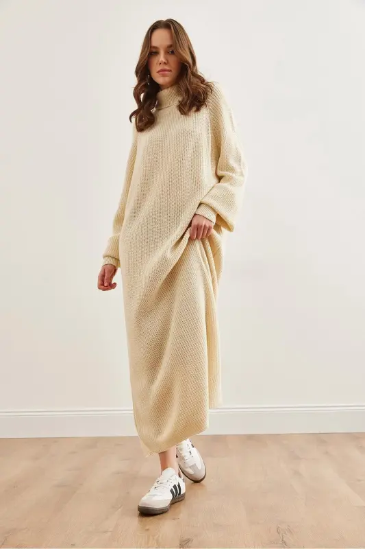 Women's Ecru Fisherman's Collar Maxi Knitted Dress ELB-1900 - 5
