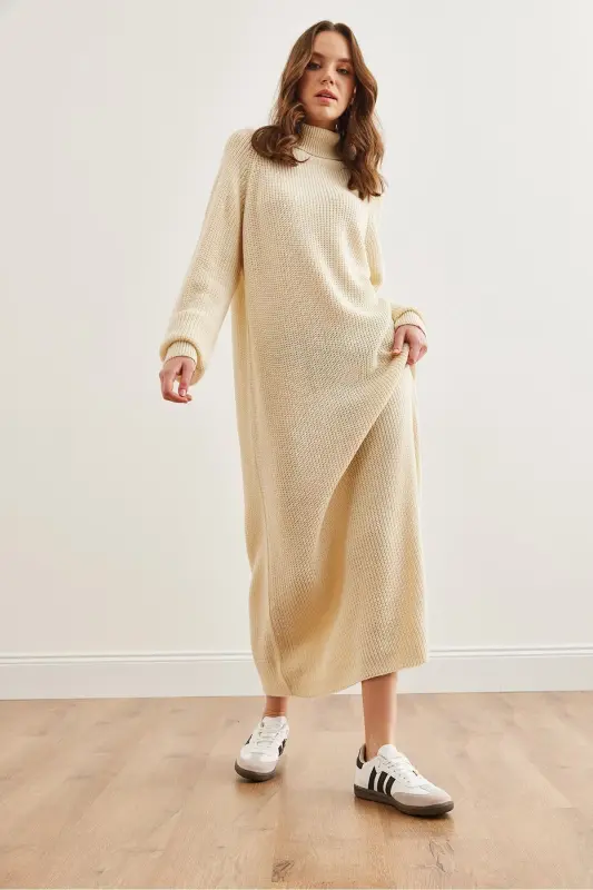 Women's Ecru Fisherman's Collar Maxi Knitted Dress ELB-1900 - 6
