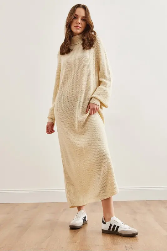 Women's Ecru Fisherman's Collar Maxi Knitted Dress ELB-1900 - 7