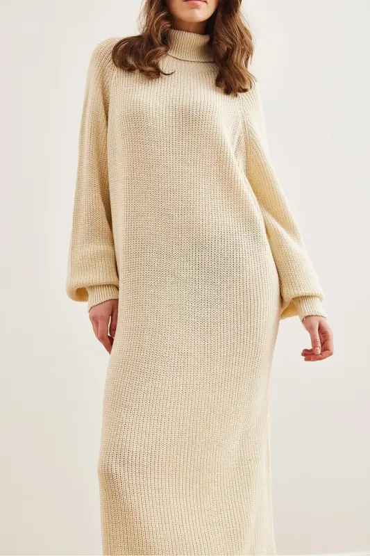 Women's Ecru Fisherman's Collar Maxi Knitted Dress ELB-1900 - 8