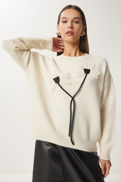 Women's Ecru Floral Detailed Knit Sweater PF00103-Ecru - HAPPINESS İSTANBUL