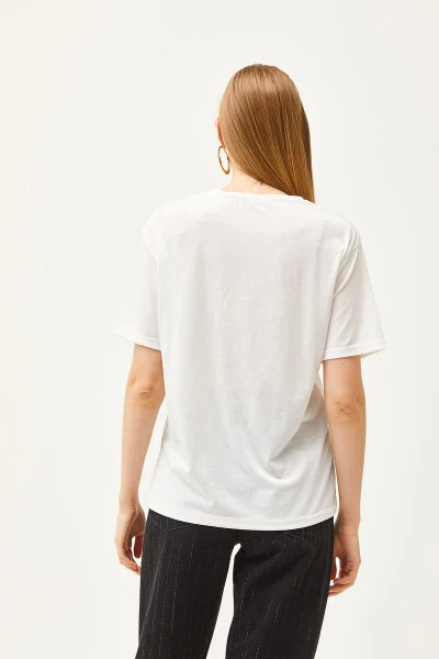 Women's Ecru Foil Detailed Oversized T-Shirt TSH-19000772 - OLALOOK (1)