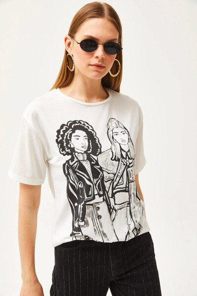 Women's Ecru Foil Detailed Oversized T-Shirt TSH-19000772 - 3