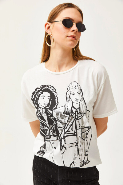 Women's Ecru Foil Detailed Oversized T-Shirt TSH-19000772 - 5