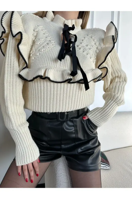 Women's Ecru Frill Detail Thessaloniki Knit Sweater-Ecru - 5