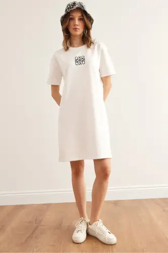 Women's Ecru Geometric Print Tunic Dress CLO-1900 - 1