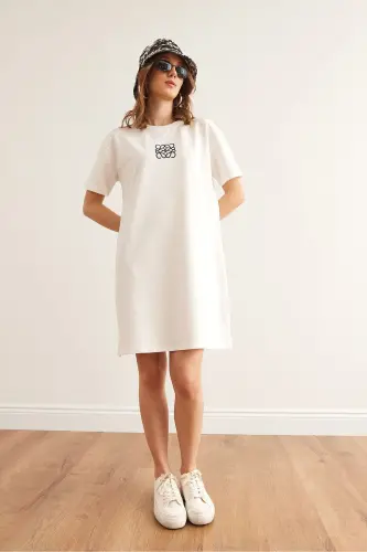 Women's Ecru Geometric Print Tunic Dress CLO-1900 - OLALOOK (1)