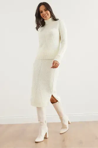 Women's Ecru Geometric Textured Skirted Knitted Suit TKM-19000325-Ecru - 2