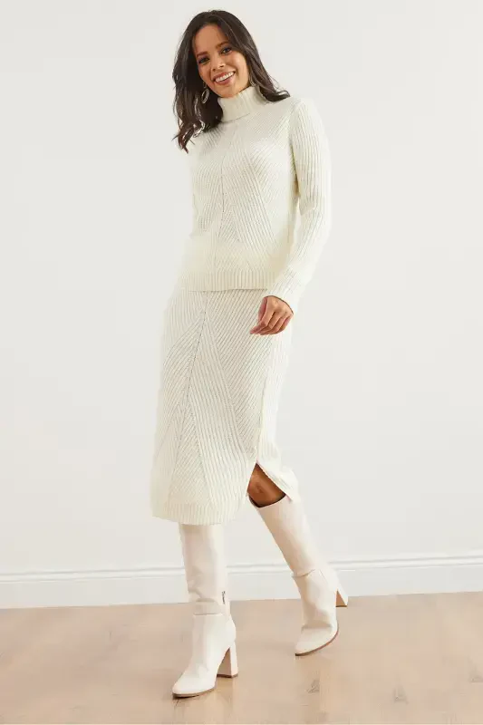 Women's Ecru Geometric Textured Skirted Knitted Suit TKM-19000325-Ecru - 2