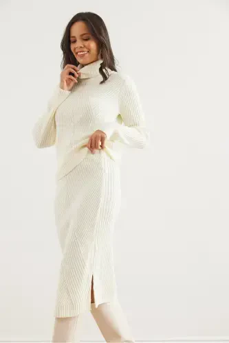 Women's Ecru Geometric Textured Skirted Knitted Suit TKM-19000325-Ecru - 3