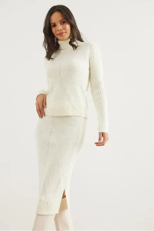 Women's Ecru Geometric Textured Skirted Knitted Suit TKM-19000325-Ecru - 5