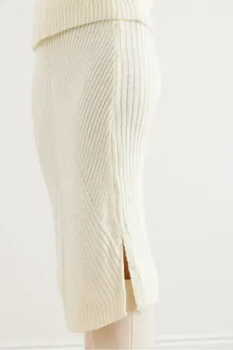 Women's Ecru Geometric Textured Skirted Knitted Suit TKM-19000325-Ecru - 6