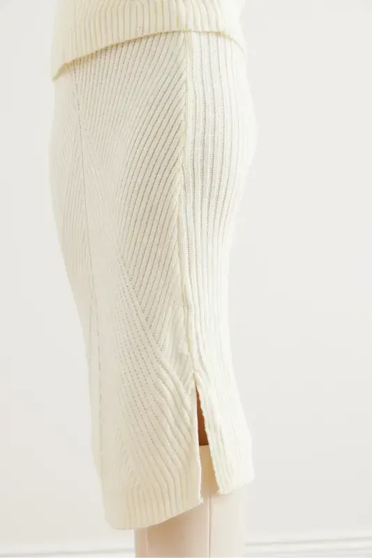 Women's Ecru Geometric Textured Skirted Knitted Suit TKM-19000325-Ecru - 6