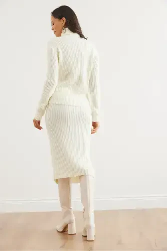 Women's Ecru Geometric Textured Skirted Knitted Suit TKM-19000325-Ecru - 7