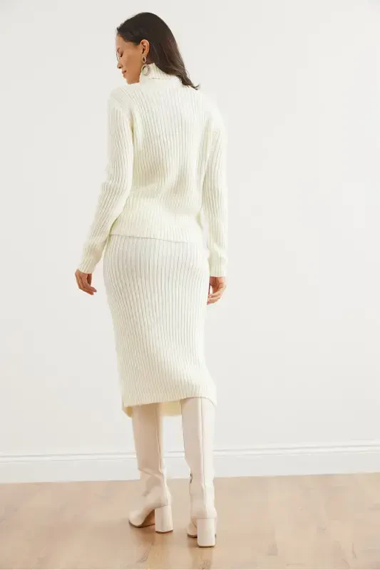 Women's Ecru Geometric Textured Skirted Knitted Suit TKM-19000325-Ecru - 7