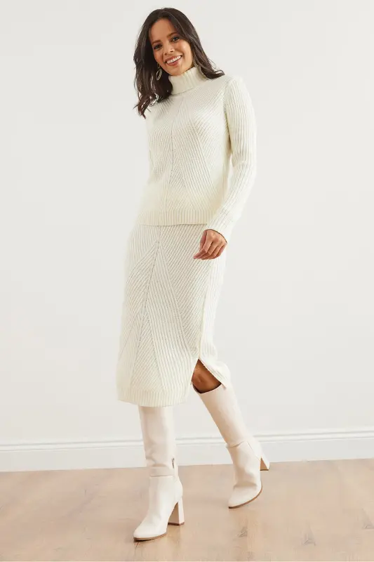 Women's Ecru Geometric Textured Skirted Knitted Suit TKM-19000325-Ecru - 2