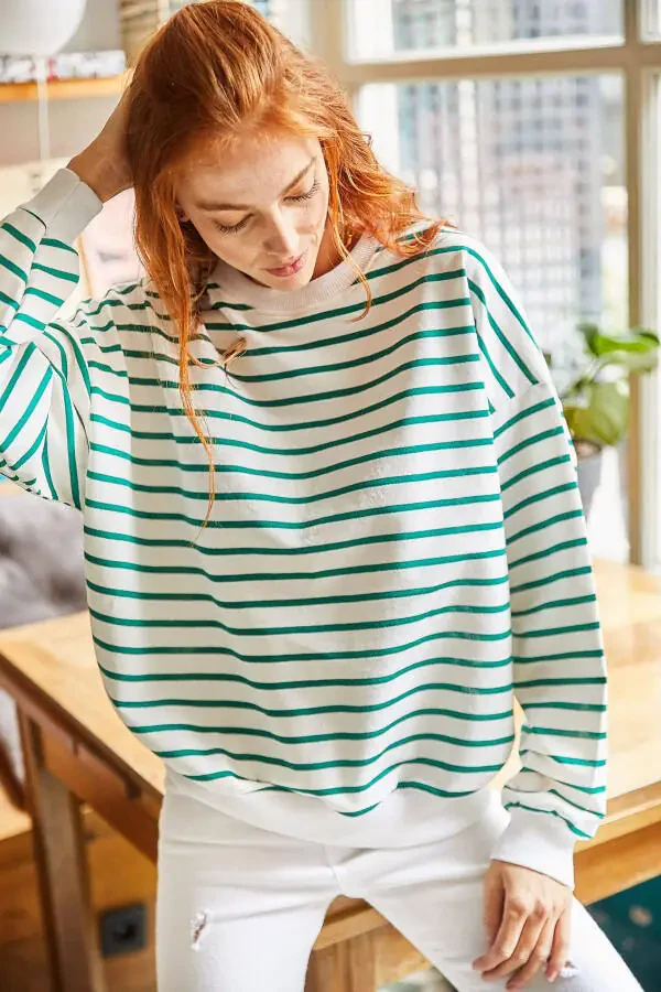 Women's Ecru Green Striped Basic Soft Textured Loose Sweatshirt SWT-19000457 - 2