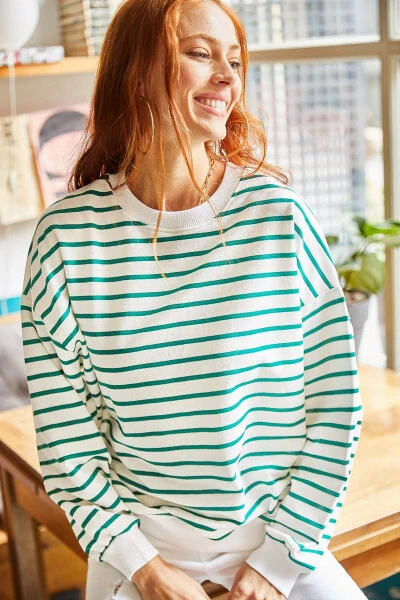 Women's Ecru Green Striped Basic Soft Textured Loose Sweatshirt SWT-19000457 - 3