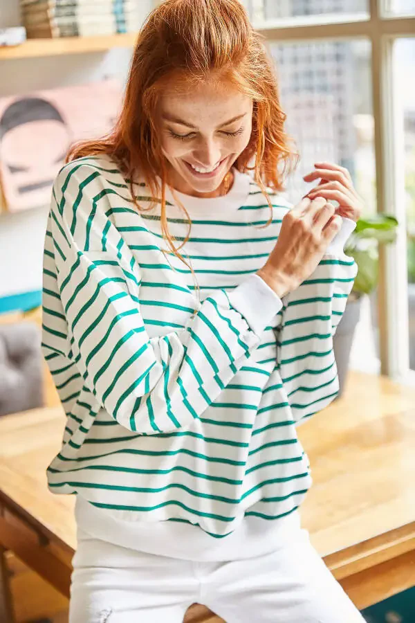 Women's Ecru Green Striped Basic Soft Textured Loose Sweatshirt SWT-19000457 - 4