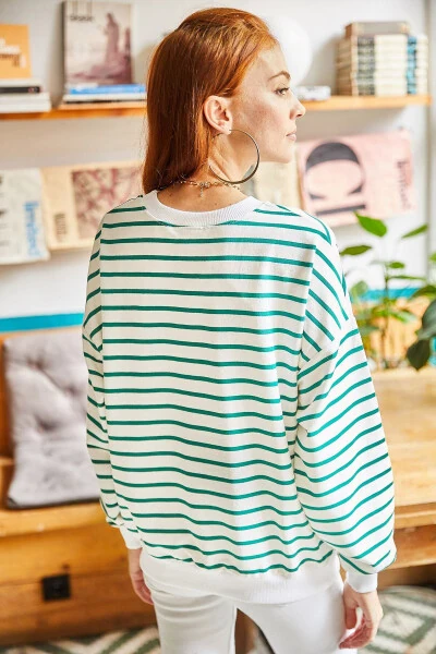 Women's Ecru Green Striped Basic Soft Textured Loose Sweatshirt SWT-19000457 - 5