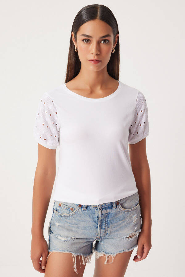 Women's Ecru Guipure Sleeved Cotton Basic Knit T-Shirt VF00001 - 1