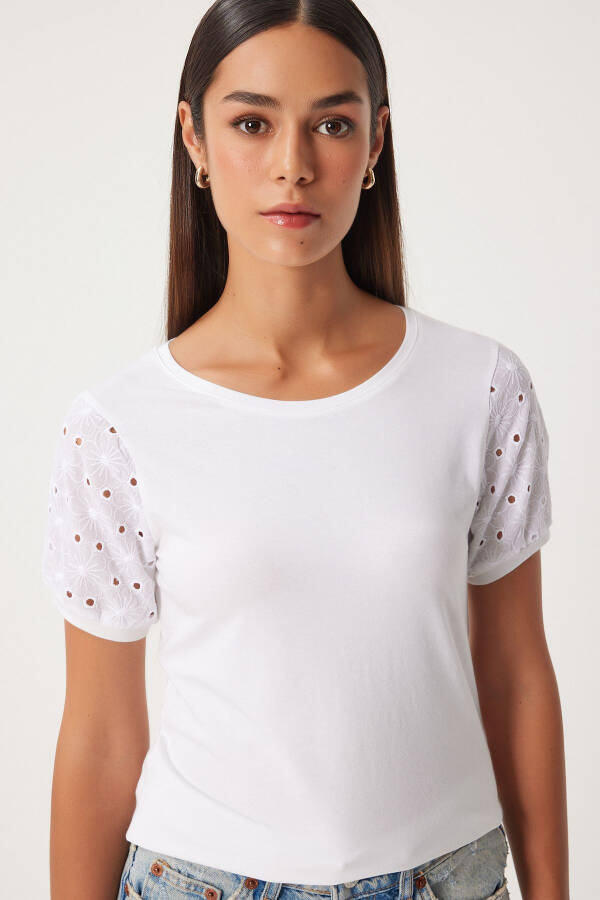 Women's Ecru Guipure Sleeved Cotton Basic Knit T-Shirt VF00001 - 2