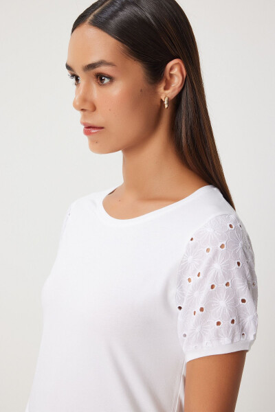 Women's Ecru Guipure Sleeved Cotton Basic Knit T-Shirt VF00001 - 3