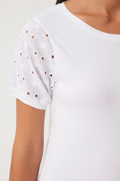 Women's Ecru Guipure Sleeved Cotton Basic Knit T-Shirt VF00001 - 4