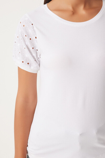 Women's Ecru Guipure Sleeved Cotton Basic Knit T-Shirt VF00001 - 5